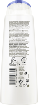 Tył butelki szamponu Dove Intensive Repair 400ml do włosów suchych i zniszczonych, z widocznym składem.
