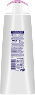 Tył białej butelki szamponu Dove Colour Revitaliser 400ml, różowy korek, czytelna etykieta.