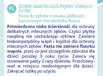 Fragment polskiej etykiety pasty Chicco dla dzieci, opisujący jej bezfluorową formułę i jabłkowo-bananowy smak.