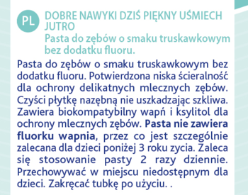 Niebieska etykieta pasty Chicco truskawkowej, bez fluoru, z tekstem o ochronie zębów mlecznych.
