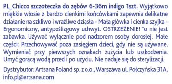Tekst PL: opis szczoteczki Chicco 6-36m. Miękkie włosie, ergonomiczny uchwyt, ostrzeżenia, dane dystrybutora.