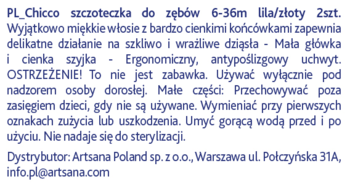 Biały fragment opakowania szczoteczek Chicco 6-36m, lila/złoty 2szt., z polskim opisem i ostrzeżeniami.