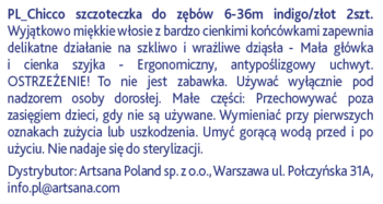 Etykieta: Chicco szczoteczki do zębów 6-36m, indigo/złot, 2 szt., z opisem i ostrzeżeniami.