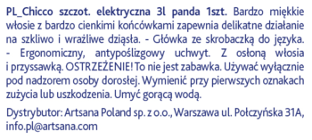 Polish text describing Chicco electric toothbrush with panda motif, soft bristles, and usage instructions.