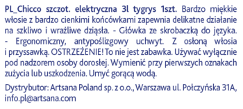 Niebieski tekst: Chicco elektryczna szczoteczka dla dzieci 3+ tygrys, miękkie włosie, ostrzeżenie, dystrybutor Artsana.