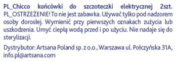Tekst na etykiecie Chicco: instrukcja i ostrzeżenia dla wymiennych główek szczoteczki elektrycznej, dane dystrybutora.