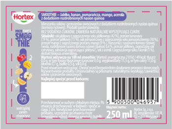 Tył opakowania smoothie Hortex jabłko-banan-mango-acerola z quinoa, szara etykieta z tabelą wartości odżywczych i kodem kreskowym. Bez cukru, 250 ml.