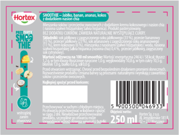Tył etykiety smoothie Hortex jabłko-banan-ananas-kokos bez cukru, z nasionami chia, widoczne składniki i kod kreskowy.