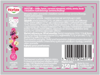 Tył etykiety smoothie Hortex jabłko-banan-burak, 250ml, bez cukru, ze składem i kodem kreskowym.