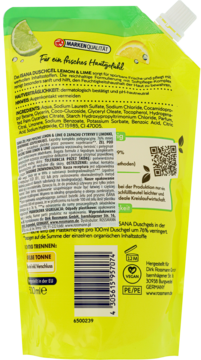 Tył żółto-zielonego zapasu żelu pod prysznic ISANA Lemon & Lime, z widocznym składem i certyfikatami.