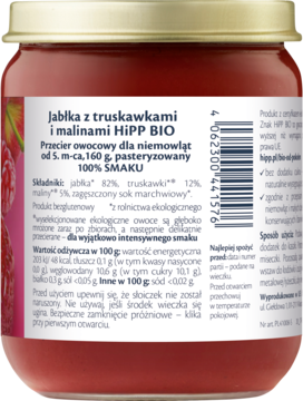 Tył szklanego słoiczka HiPP BIO z przecierem jabłkowo-truskawkowo-malinowym dla niemowląt, widoczna etykieta.