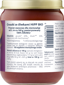 Tył słoiczka HiPP BIO Gruszki ze śliwkami, przecier owocowy dla niemowląt, biała etykieta z polskim opisem.