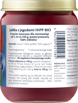 Tył szklanego słoiczka HiPP BIO Jabłka z jagodami, 160g, przecier owocowy dla niemowląt, z polską etykietą składu.
