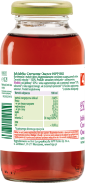 Tył szklanej butelki czerwonego soku HiPP BIO Jabłko-Czerwone Owoce, z etykietą i danymi odżywczymi.