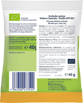 Tył zielonej torebki Hipp BIO owsianych serduszek wanilia i maslane ciasteczka, z kodem kreskowym i tekstem.