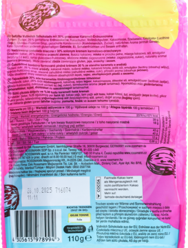Tył opakowania Schoko Peanuts słony karmel Das Exquisite, różowo-żółty wzór, z datą 31.10.2025 i składem.