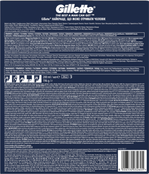 Tył ciemnoniebieskiego kartonowego opakowania zestawu Gillette Fusion 5 dla mężczyzn z maszynką i żelem.