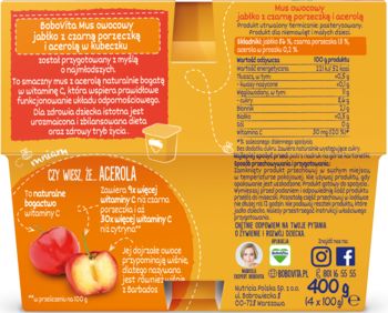 Tył opakowania musu owocowego BoboVita jabłko, czarna porzeczka, acerola z wit. C, bez cukru dla dzieci.