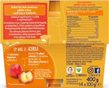 Tył pomarańczowego opakowania musu Bobovita, jabłko kiwi acerola. Widoczny skład, info o wit. C, 4x100g.