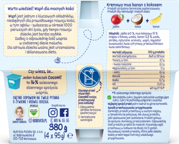 Tył kartonu BoboVita CocoMi!, mus banan-kokos, 4x95g. Biało-niebieski, info o wapniu bez mleka i cukru.