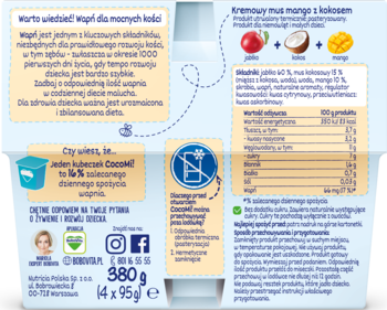 Tył jasnoniebieskiego kartonu musu BoboVita CocoMi! mango kokos dla dzieci, widoczne info o wapniu i wartościach odżywczych.