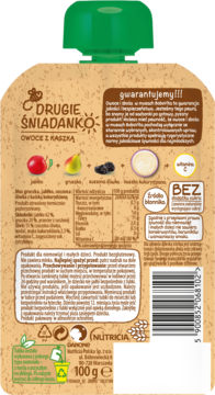 Tył brązowej saszetki BoboVita Drugie Śniadanko Owoce z Kaszką 100g, z zieloną zakrętką, z tekstami i tabelą składników.