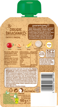 Tył beżowej saszetki BoboVita Drugie Śniadanko Owoce z Kaszką 100g, z zieloną nakrętką, widoczna etykieta z wartościami odżywczymi i kodem kreskowym.