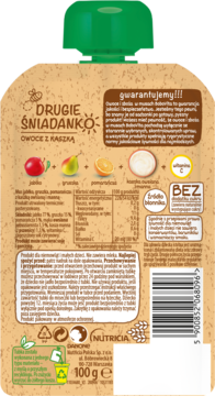 Tył musu BoboVita owocowo-zbożowego z jabłkiem, gruszką, pomarańczą. Widoczne składniki i tabela wartości.