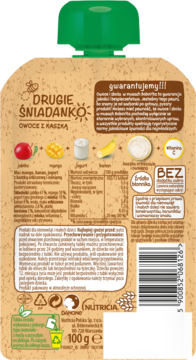 Tył beżowej tubki musu BoboVita DRUGIE ŚNIADANKO Owoce z kaszką 100g, z zieloną zakrętką. Widoczny skład i BEZ cukru.