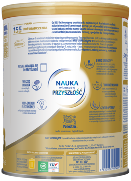 Tył opakowania mleka modyfikowanego Nestle NAN SUPREMEPRO 3, ze złotą pokrywką, opisem składników i ikonami.