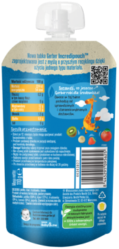 Tył niebieskiej tubki Gerber Incredipouch™ Summer Fruits z jabłkiem, kiwi, truskawką i bananem. Wartości odżywcze.