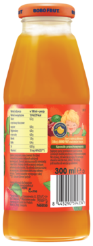 Nektar Bobo Frut jabłko-marchew dla dzieci, tył butelki z etykietą, wartościami odżywczymi i kodem. 300 ml.