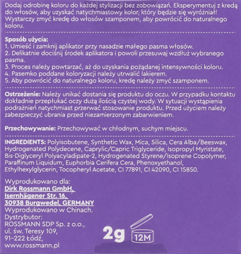 Tył fioletowego opakowania kredy do włosów Isana Love Your Style, widoczne szczegółowe informacje i skład.