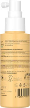 Tył butelki pomarańczowego sprayu Neboa Kids do włosów kręconych, z informacjami o składzie i recyklingu.