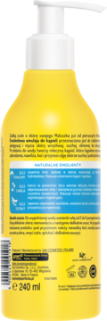 Tył żółtej butelki Perfecta Emolic Baby emulsji do kąpieli z białym dozownikiem i polskim opisem składu.