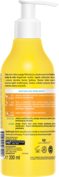 Tył żółtej butelki emulsji Perfecta Emolic Baby, widoczne informacje o składnikach i pojemności 200ml.