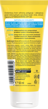 Tył żółtej tubki kremu ochronnego Perfecta Emolic Baby SPF 50 z polskim tekstem i kodem kreskowym.