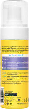 Tył żółtej butelki Perfecta Emolic Baby, pianki myjącej 160ml. Widoczna lista naturalnych emolientów i opis.