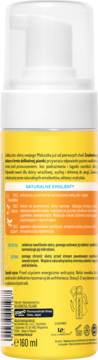 Tył żółtego opakowania balsamu w piance Perfecta Emolic Baby 160 ml, z polskim tekstem i rysunkiem użycia.
