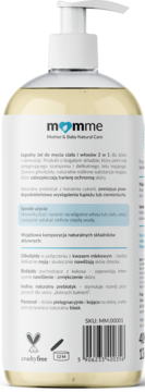 Tył butelki Momme Kicia Kocia, żel 2w1 dla dzieci z naturalnymi składnikami, widoczny opis i pompka.
