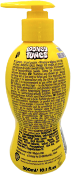 Tył żółtej butelki szamponu Looney Tunes z pompką. Widoczne instrukcje, składniki i pojemność 300ml.