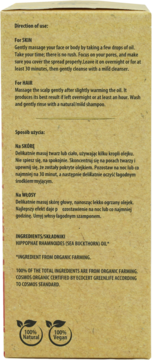 Tył brązowego opakowania organicznego olejku z rokitnika z instrukcjami użycia i listą składników.