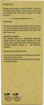 Tył brązowego opakowania organicznego oleju do ciała Sattva z kawą, widoczne składniki, użycie i certyfikat ECOCERT.