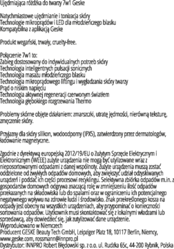 Pełny widok dokumentu informacyjnego dla masażera Geske 7w1, z opisem technologii i norm WEEE.
