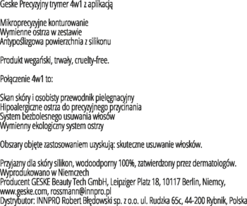Opis trymera Geske 4w1 na białym tle: cechy, zastosowanie, producent i dystrybutor.