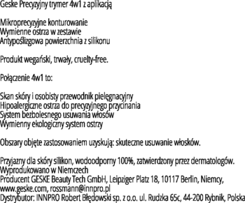 Opis produktu Geske Precyzyjny trymer 4w1: cechy, funkcje aplikacji, dane producenta, czarny tekst na białym tle.