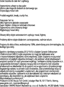 Dokument tekstowy z opisem produktu: Geske szczotka do ciała 4w1, silikonowa, do masażu i oczyszczania.
