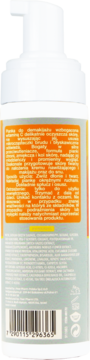 Tył białej pianki do mycia twarzy z witaminą C w butelce z pompką. Widoczna zielona etykieta z tekstem i kodem kreskowym.
