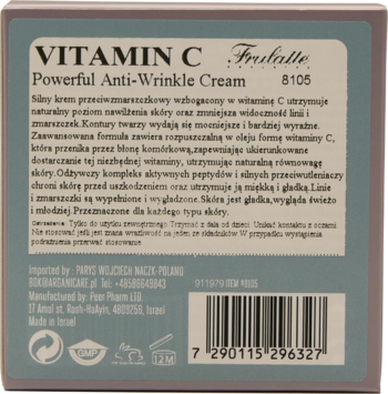 Tył opakowania kremu przeciwzmarszczkowego Vitamin C Frulatte. Niebiesko-szara etykieta z białym tekstem i kodem.