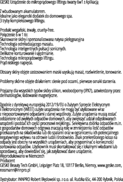 Strona z opisem produktu GESKE Urządzenie do mikroprądowego liftingu twarzy 6w1, białe tło, czarny tekst.